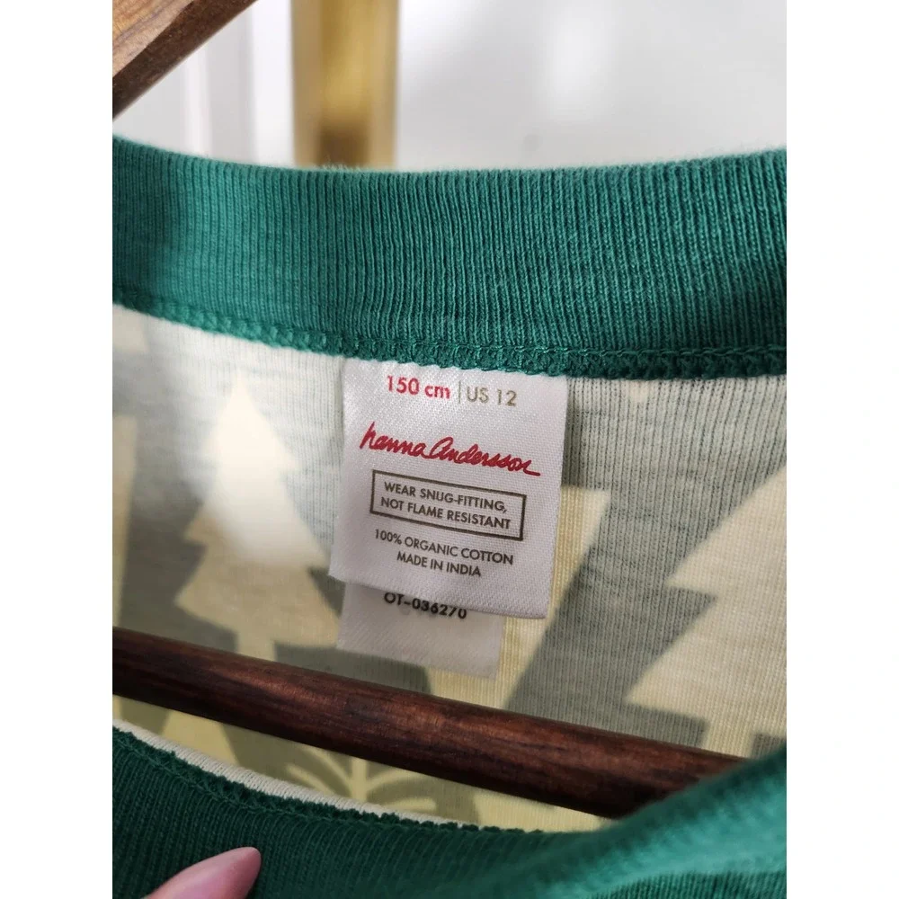 Hanna Anderson 100% Organic Cotton Green White Trees Pajama Set Like NEW Size 12